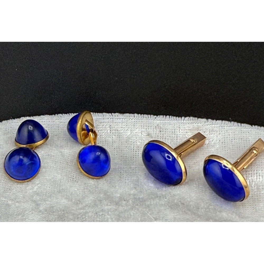 Vintage Swank Cufflinks‎ Lot Two Pair Blue Glass Gold Tone